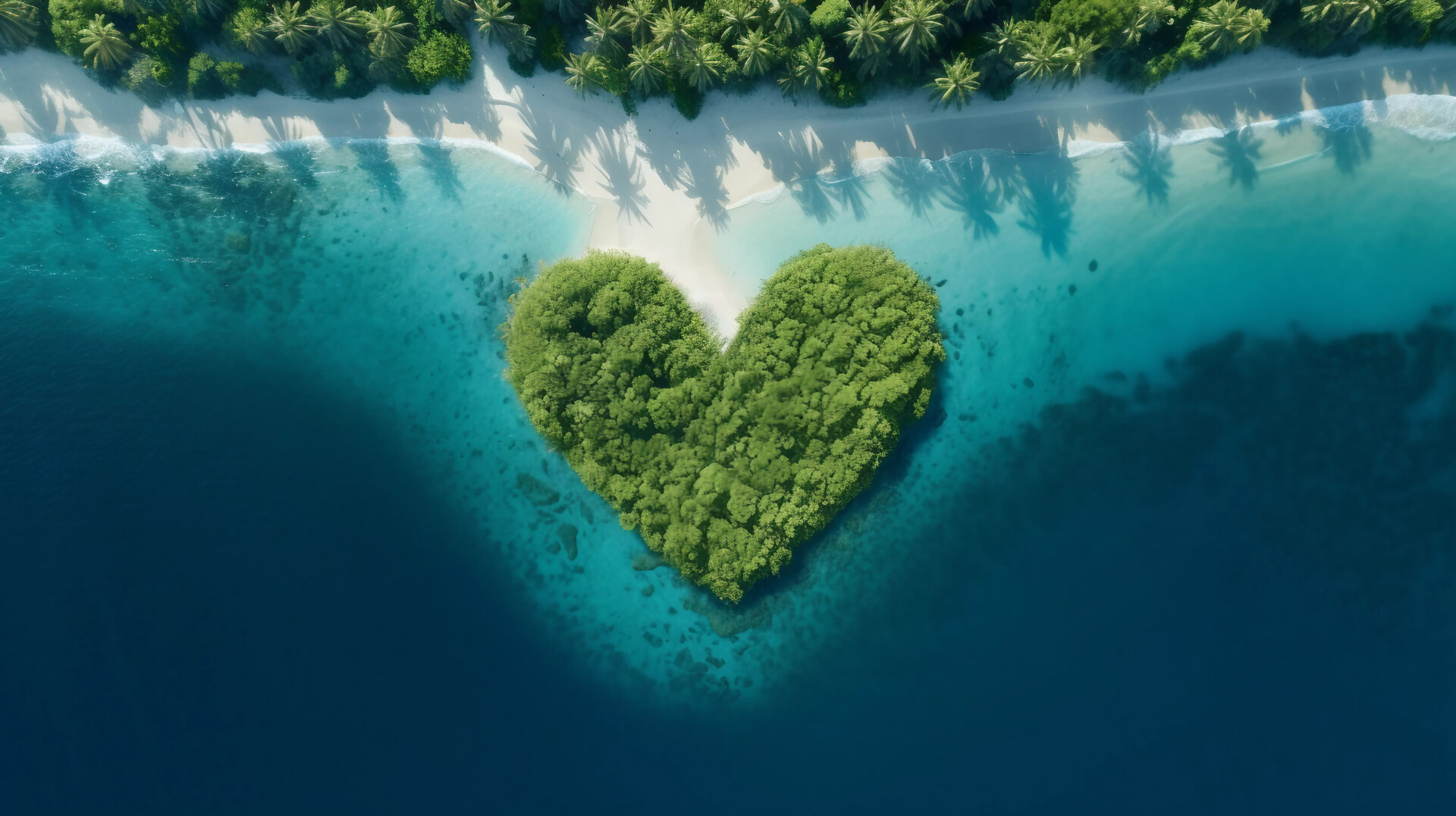 A heart-shaped island surrounded by crystal-clear turquoise waters and a pristine sandy beach, symbolizing protection, safety, and recovery.