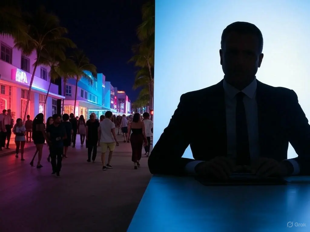 Miami nightlife neon split with courtroom silhouette