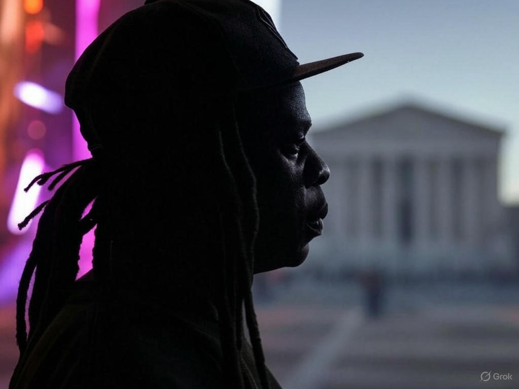 Silhouette of Jay-Z with long dreads and cap against a split background of colorful music festival lights and a dark courthouse, symbolizing fame and legal battles.