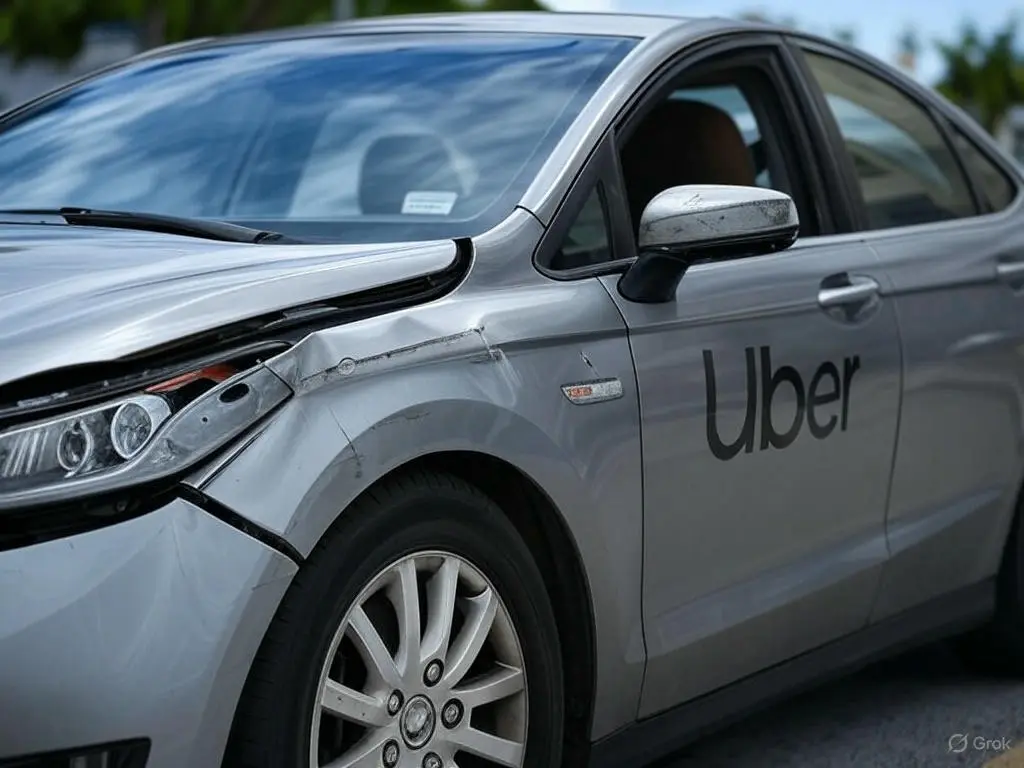 Damaged Uber car with Uber logo in a crash in Fort Lauderdale, Florida, against a city backdrop.