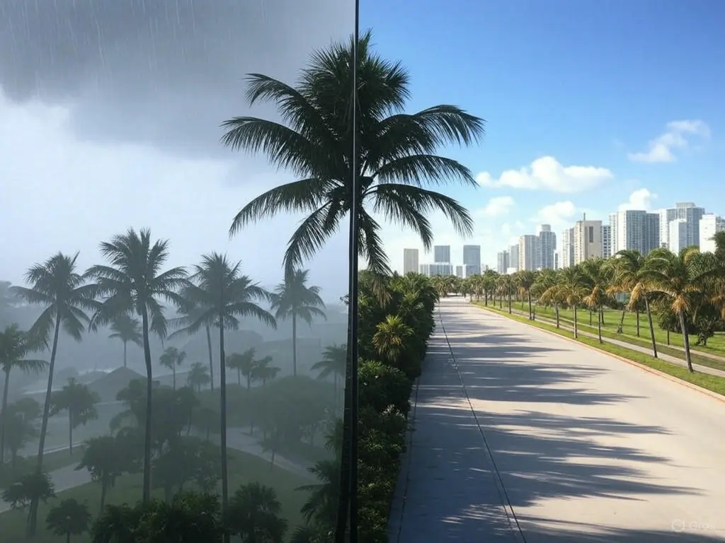 Split Miami street: stormy left with palm trees, sunny right.