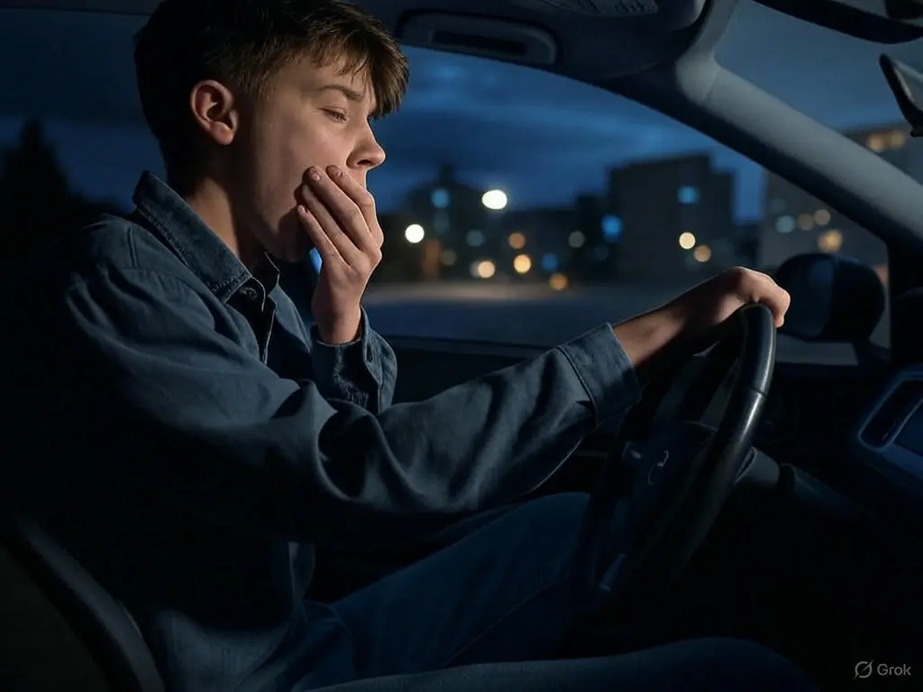 A tired teen in work clothes drives a car at night, rubbing their eyes with one hand while gripping the steering wheel with the other, illuminated by dim dashboard lights.