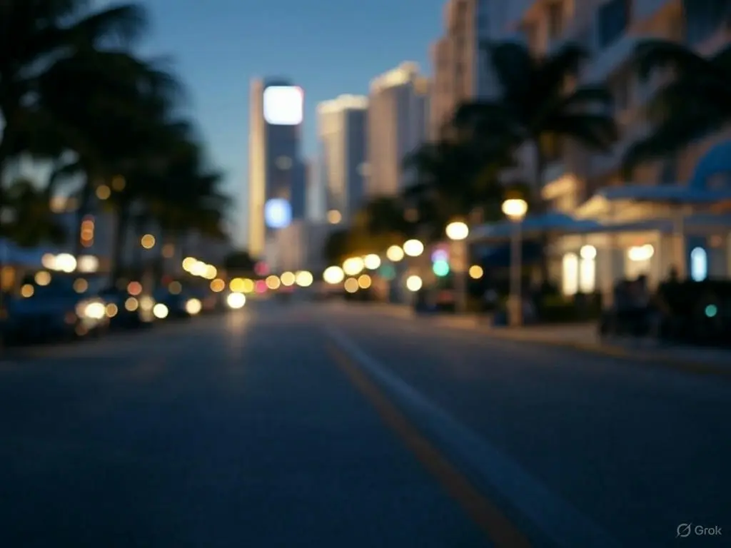 Blurred Miami street at dusk with palm trees and faint Uber logo.