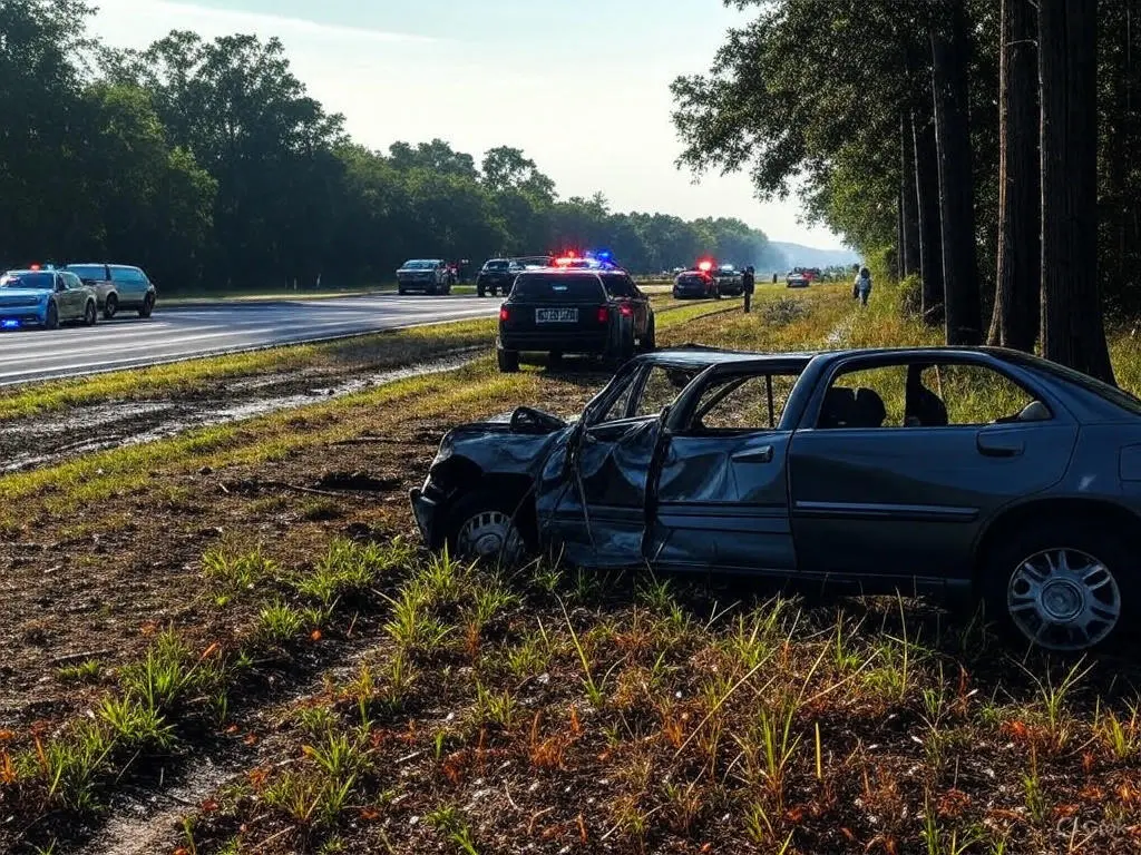 Damaged car off the side of a rural highway with emergency responders, police cars, and firefighters at a car accident scene on State Road 79 in Washington County, Florida.