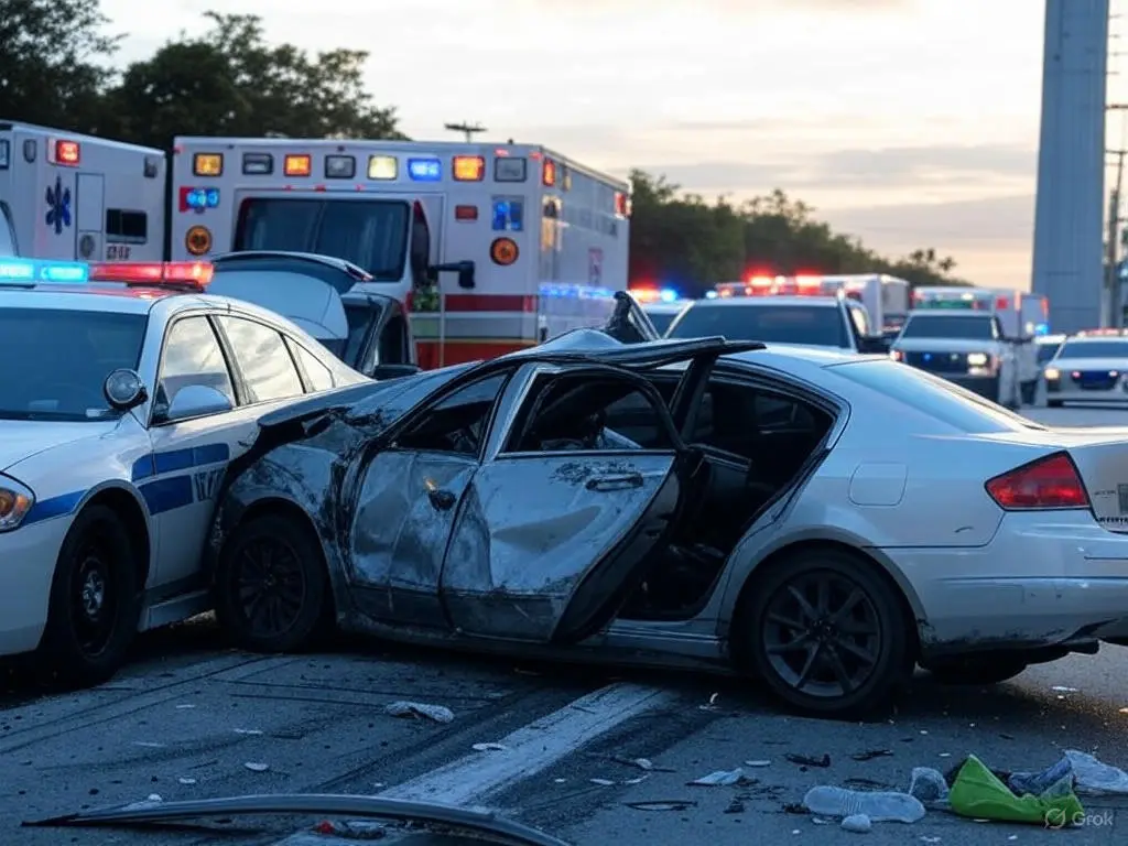 Damaged cars on I-95 near Sheridan Street in Hollywood, Florida, after a three-car crash, with police cars and ambulances in the background responding to the scene.