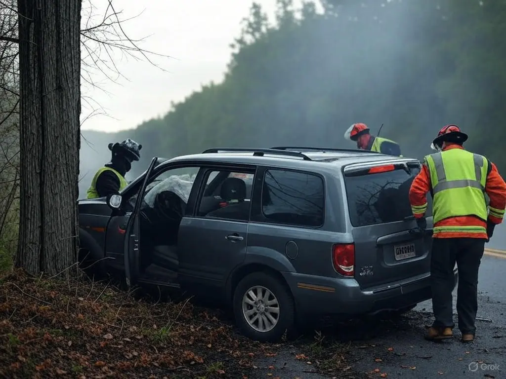 Emergency responders at the scene of an SUV crash into a tree after being run off the road, highlighting the need for a car accident lawyer.