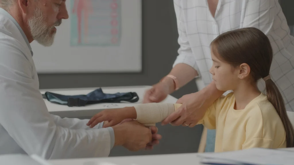 Doctor bandaging a child’s wrist with parent nearby in medical office