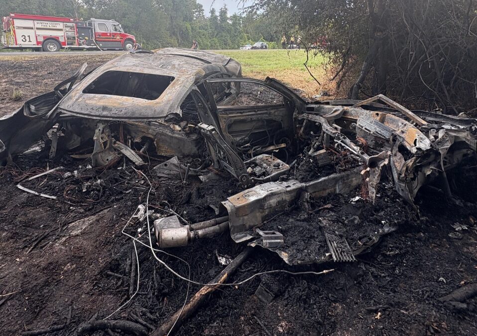 Burned wreckage of a Dodge Charger after a fatal high-speed crash on I-75 in Sumter County, Florida, with fire trucks responding in the background.