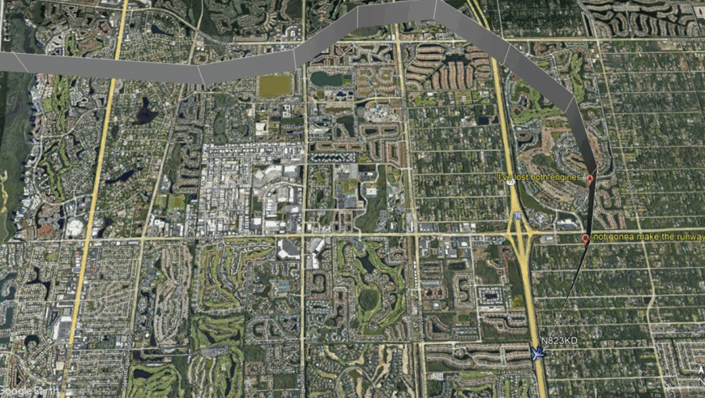 Google Earth map illustrating the final flight path of the Challenger 604 jet, with annotations marking engine loss and crash site on I-75 near Naples Airport.
