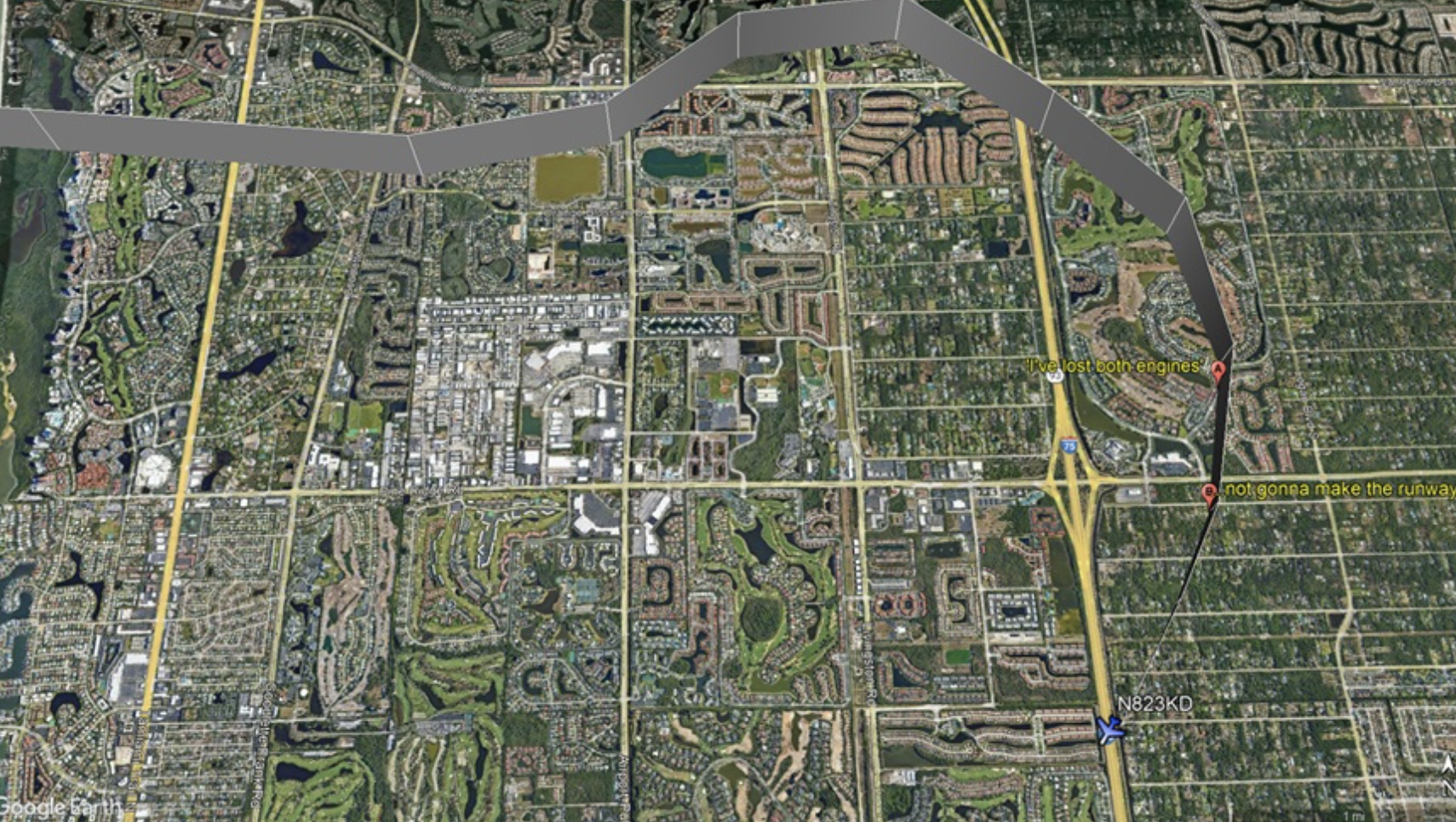 Google Earth map illustrating the final flight path of the Challenger 604 jet, with annotations marking engine loss and crash site on I-75 near Naples Airport.