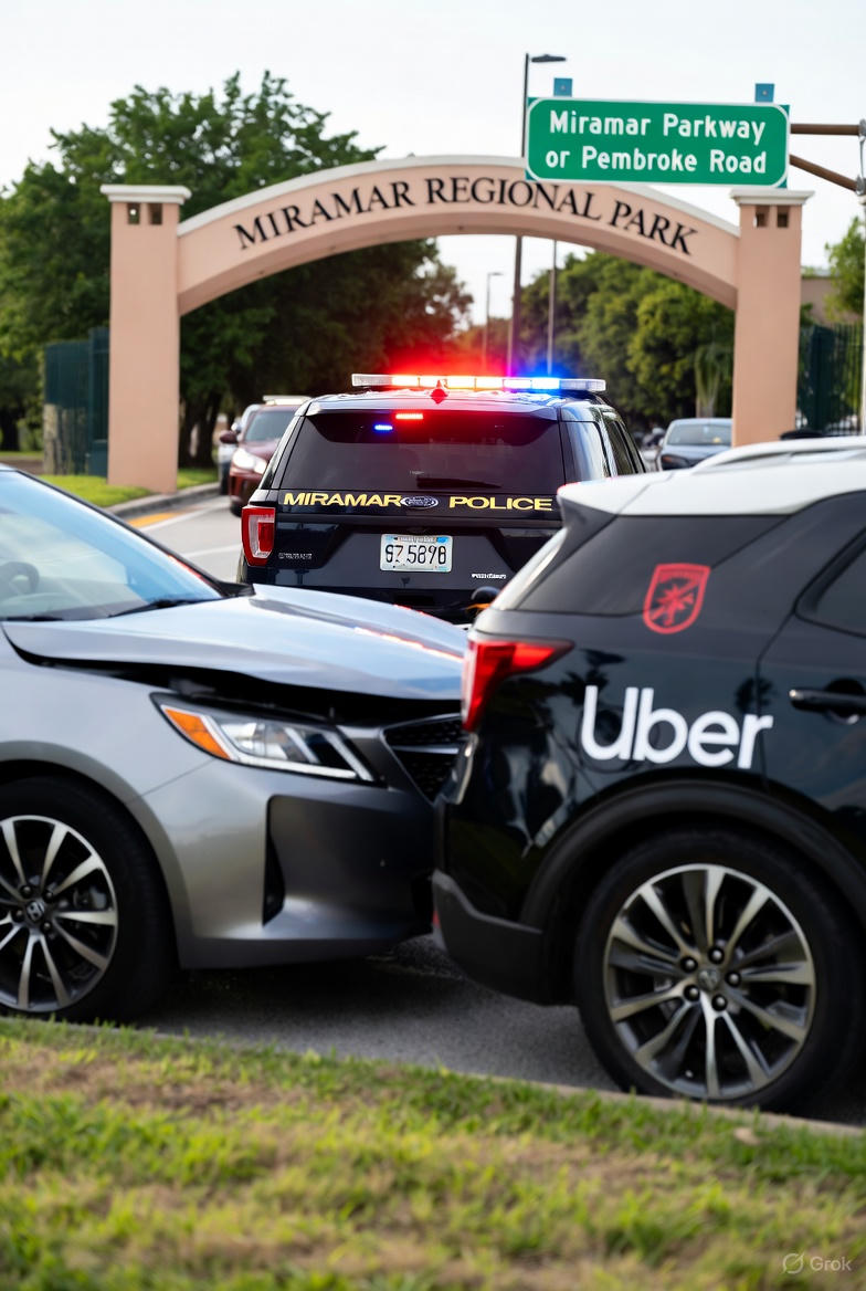 Uber accident on Miramar Parkway involving another vehicle, with Miramar Police responding, highlighting third-party liability issues in Florida