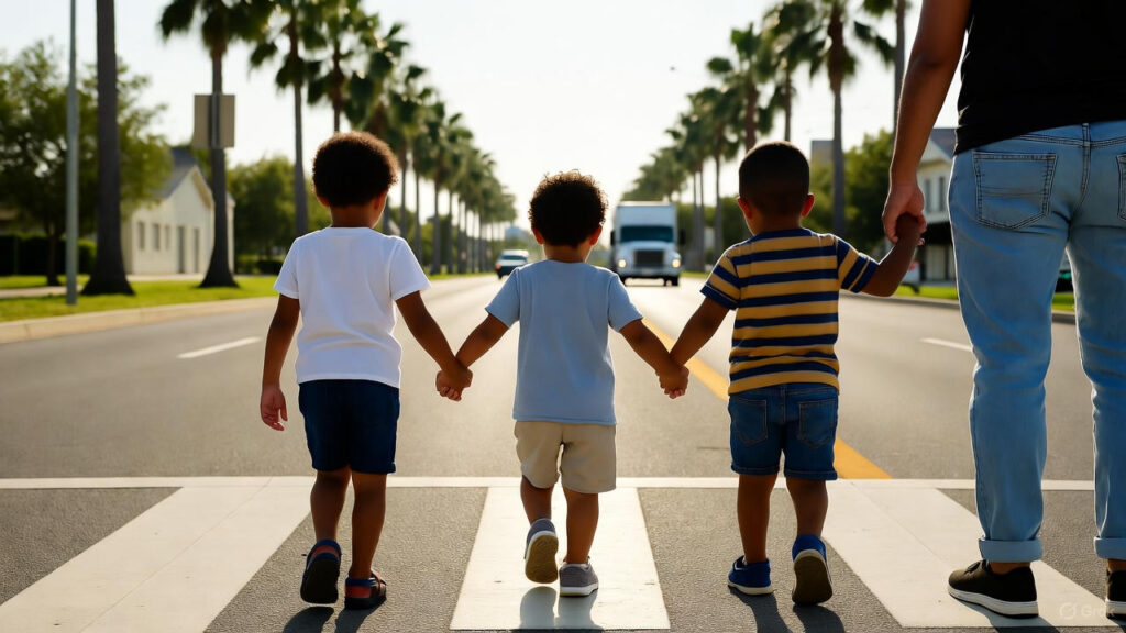 Three young children holding hands with an adult, safely crossing a sunny Florida street at a marked pedestrian crosswalk, with palm trees and a distant truck in the background.