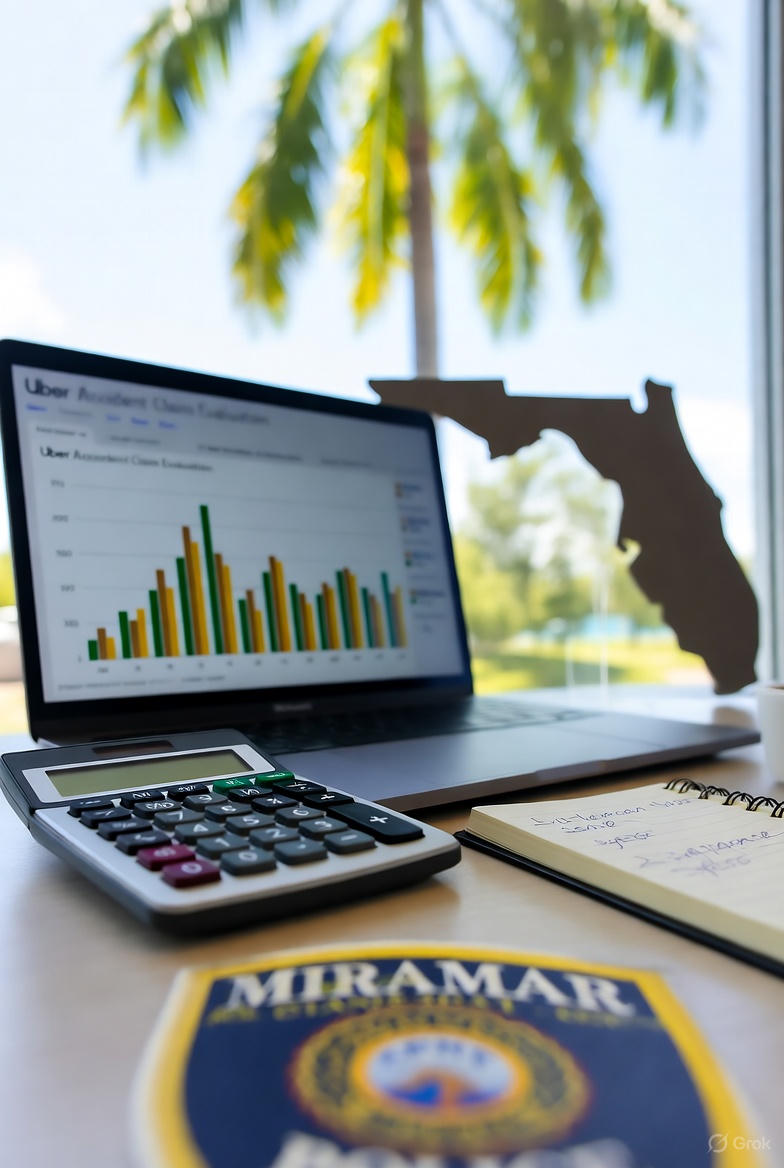 Evaluating Uber accident claim value in Miramar office with laptop chart, calculator, and Miramar Police badge