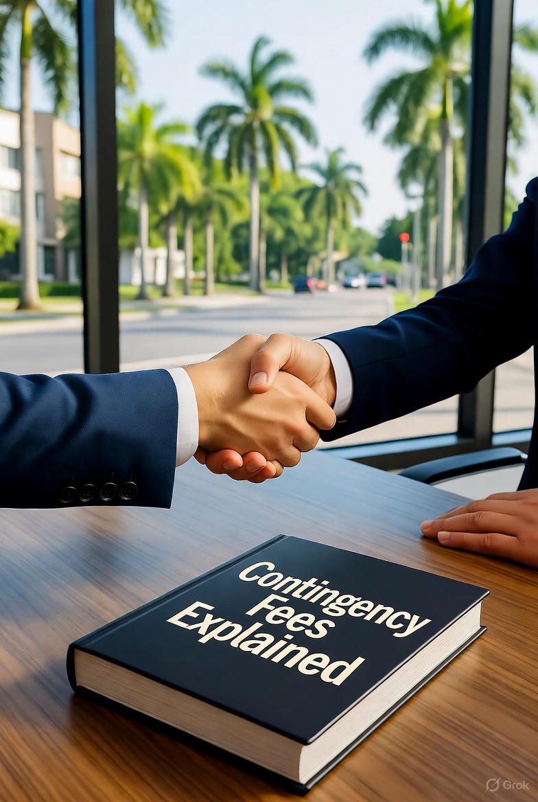 Lawyer shaking hands with client in Miramar office with Contingency Fees Explained book