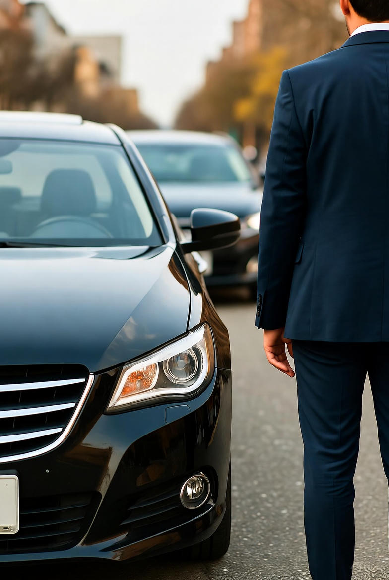 A damaged Uber car on a Tampa roadside with a lawyer in a suit standing nearby.