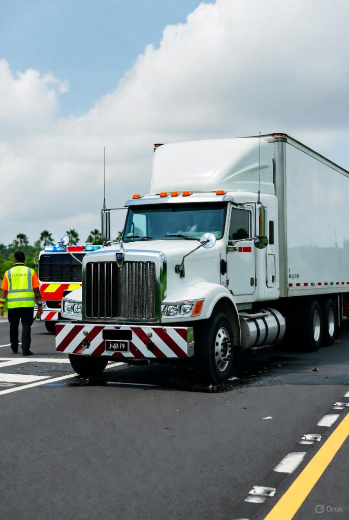 A truck accident scene in Boca Raton, Florida, featuring a large semi-truck and a damaged car on a sunny highway, with emergency vehicles and a person in a safety vest nearby.