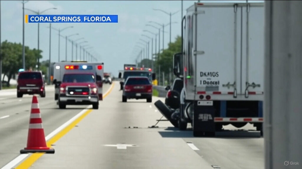 A truck accident scene on a highway in Coral Springs, Florida, featuring a large semi-truck and emergency vehicles with flashing lights, a traffic cone, and a damaged vehicle.