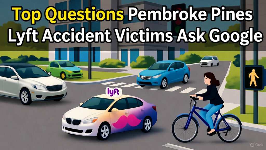 A Lyft car with pink mustache branding navigates a busy Pembroke Pines intersection near a crosswalk, with other vehicles and a cyclist, symbolizing the high-risk environment for rideshare accidents.