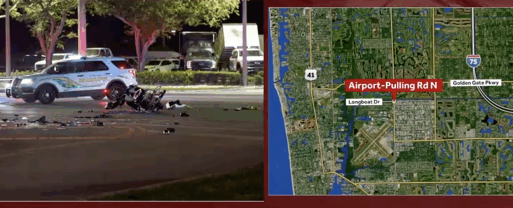Wrecked motorcycle lies in the road next to a Florida Highway Patrol vehicle after a fatal crash on Airport Pulling Road N near Longboat Drive in Naples, Florida. Map shows exact location of the deadly collision.