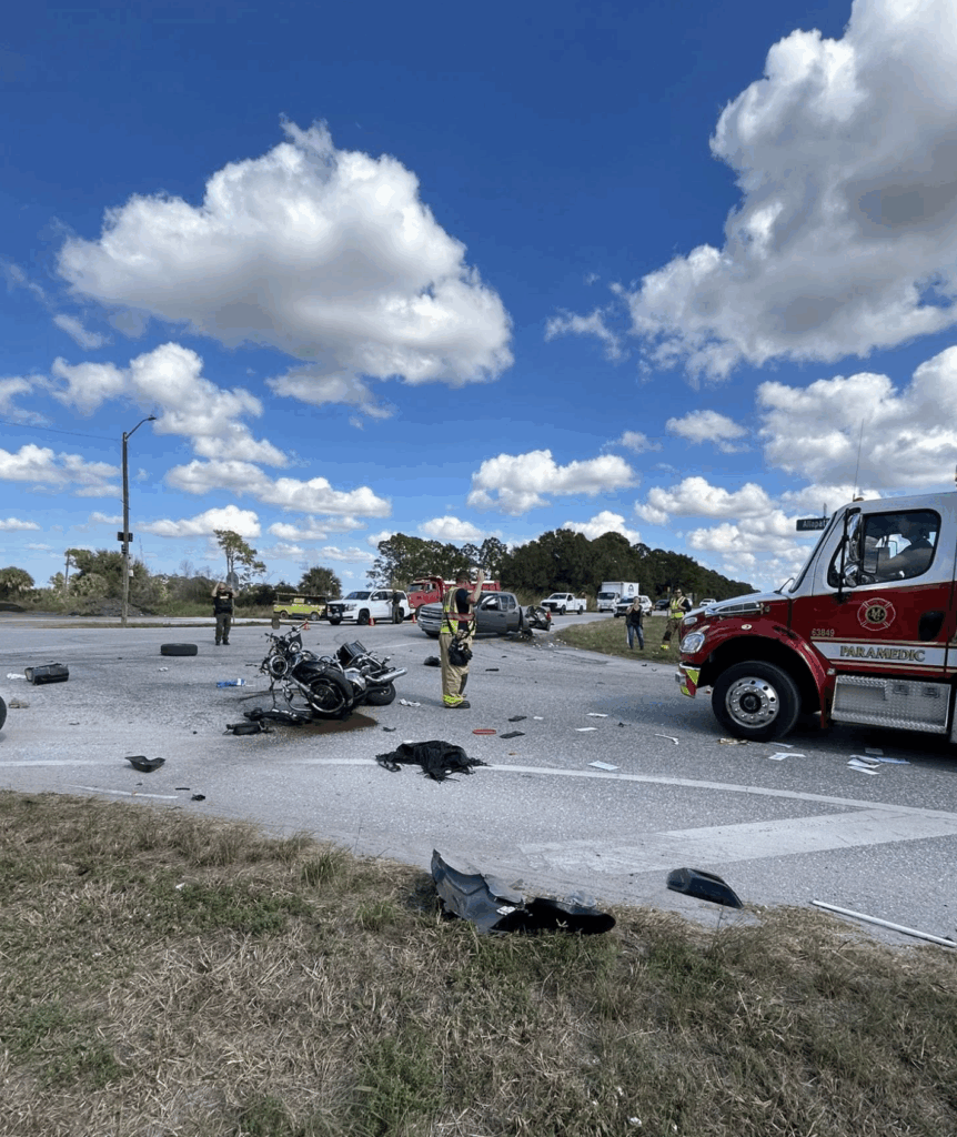 Fatal motorcycle crash scene in Martin County FL November 18 2025 with wrecked bike and emergency responders
