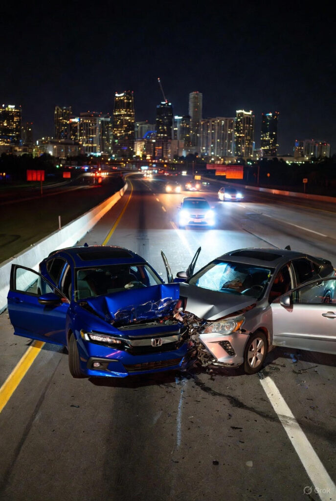 Nighttime wrong-way crash on Florida's Turnpike near Miami with damaged blue Honda and silver Toyota after head-on collision, emergency lights flashing and Miami skyline in background