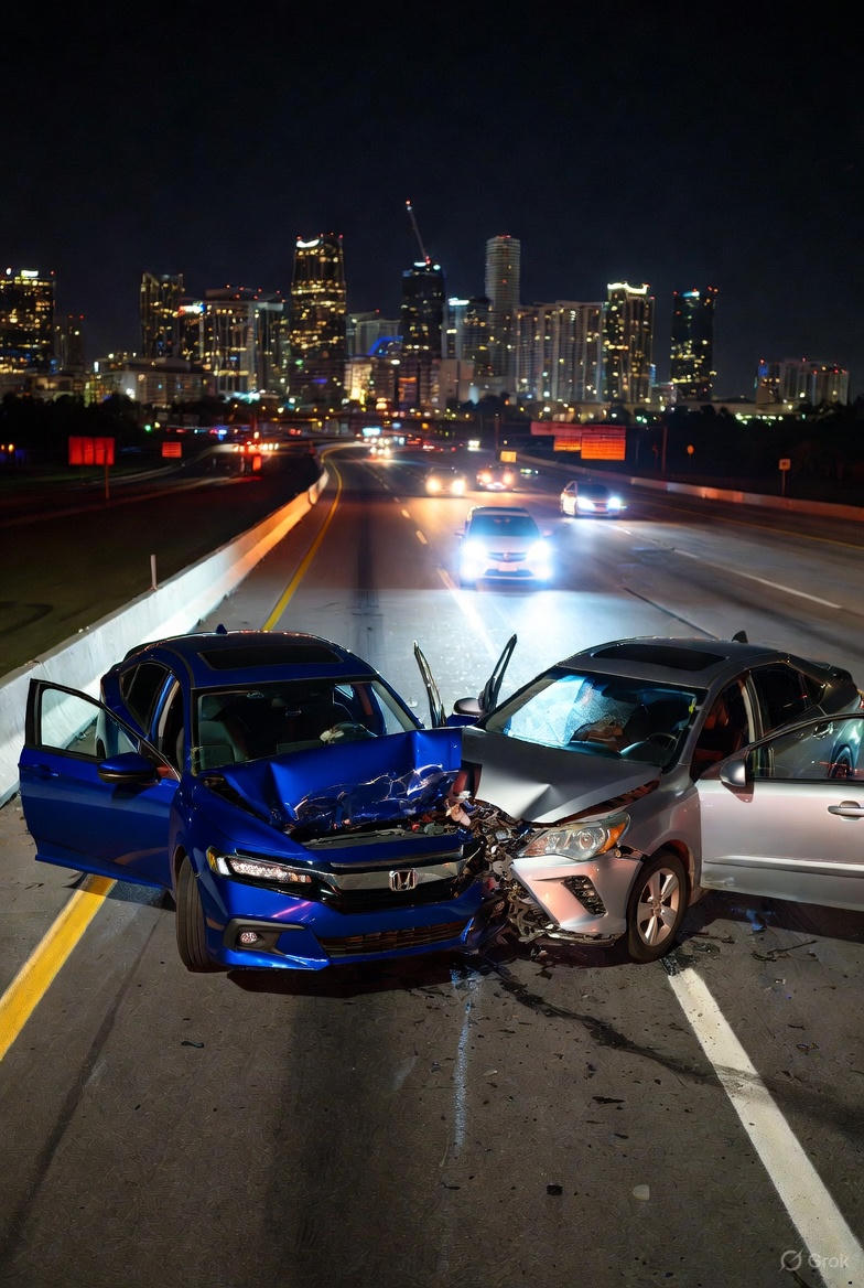 Nighttime wrong-way crash on Florida's Turnpike near Miami with damaged blue Honda and silver Toyota after head-on collision, emergency lights flashing and Miami skyline in background