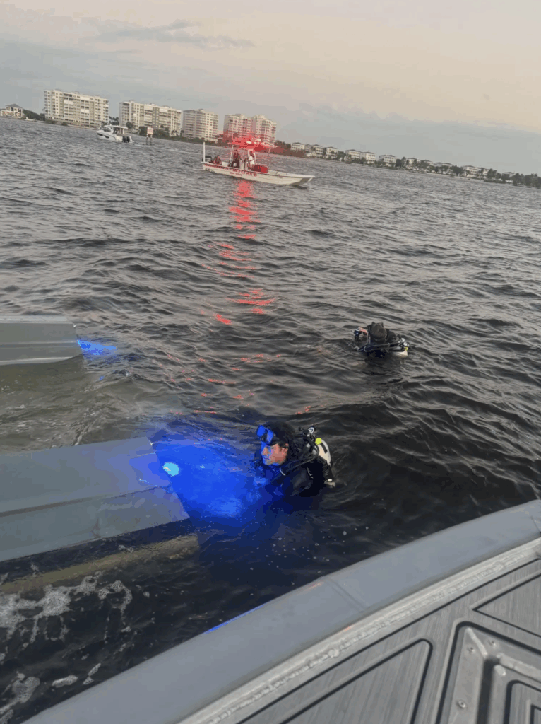 Divers search the Caloosahatchee River at dusk after a deadly Cape Coral speedboat crash that killed three people.