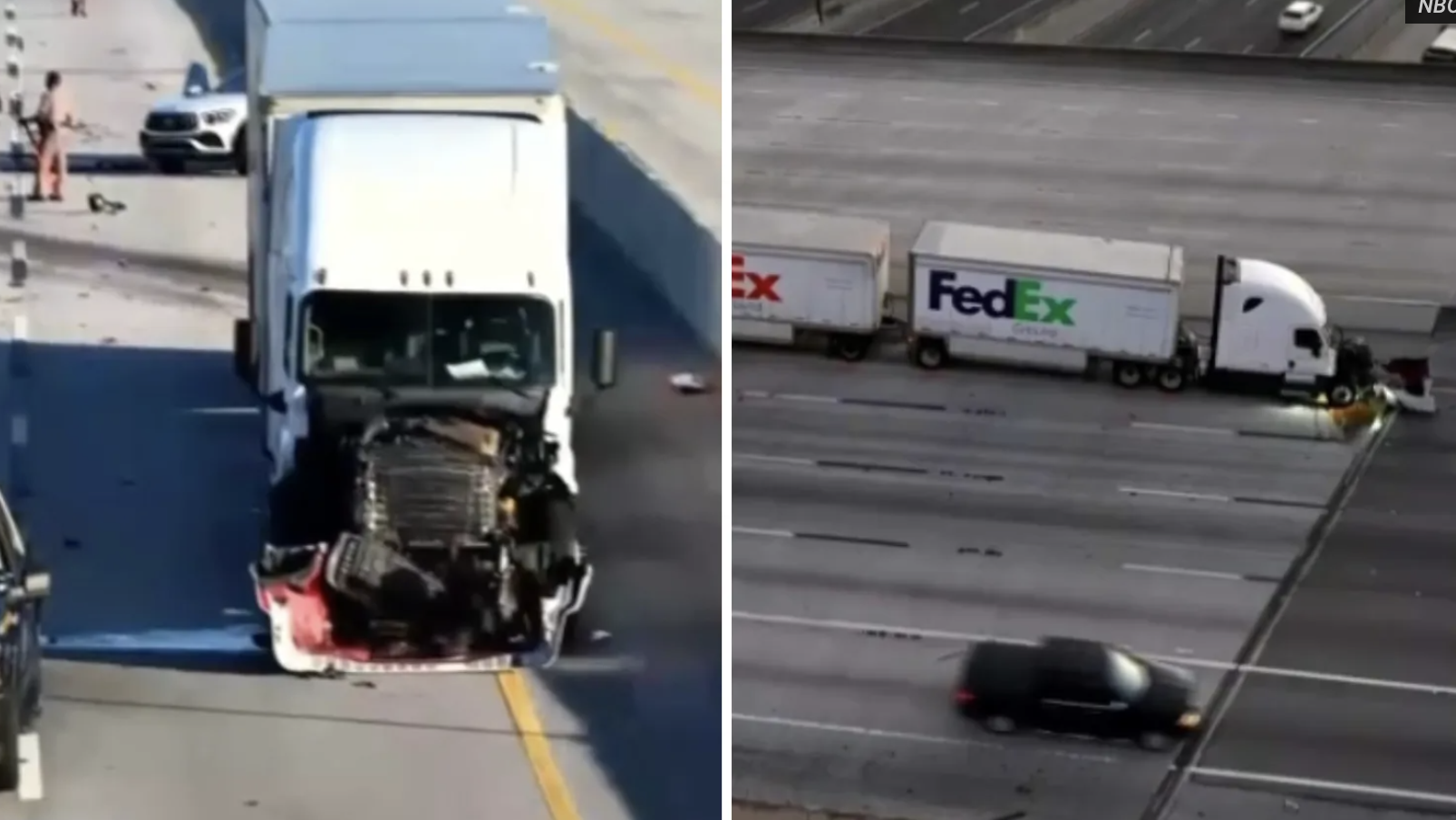Damaged FedEx semi-truck after fatal crash on Florida's Turnpike at I-595 in Broward County.