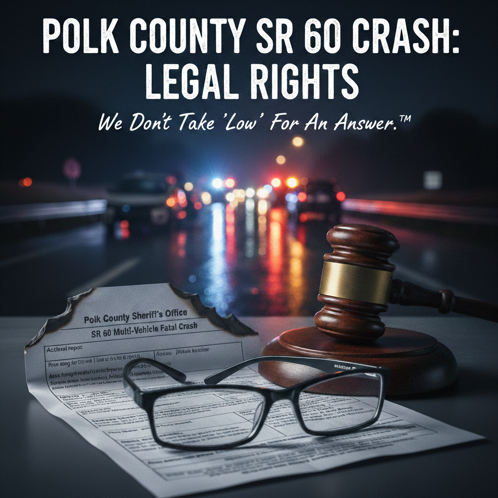 A legal gavel, glasses, and a police report on a desk with a blurred night accident scene and emergency lights in the background, titled Polk County SR 60 Crash: Legal Rights.