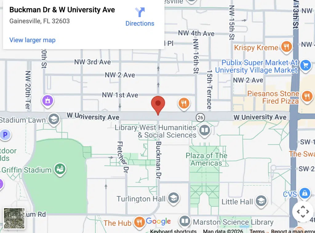 Map showing intersection of Buckman Drive and West University Avenue in Gainesville Florida where Krishna Lunch driver hit University of Florida student