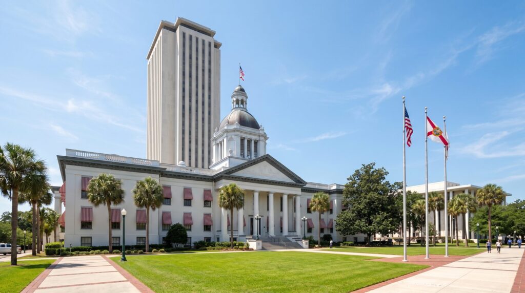 White neoclassical government building with a domed cupola, American and Florida state flags, and palm trees against a blue sky.
