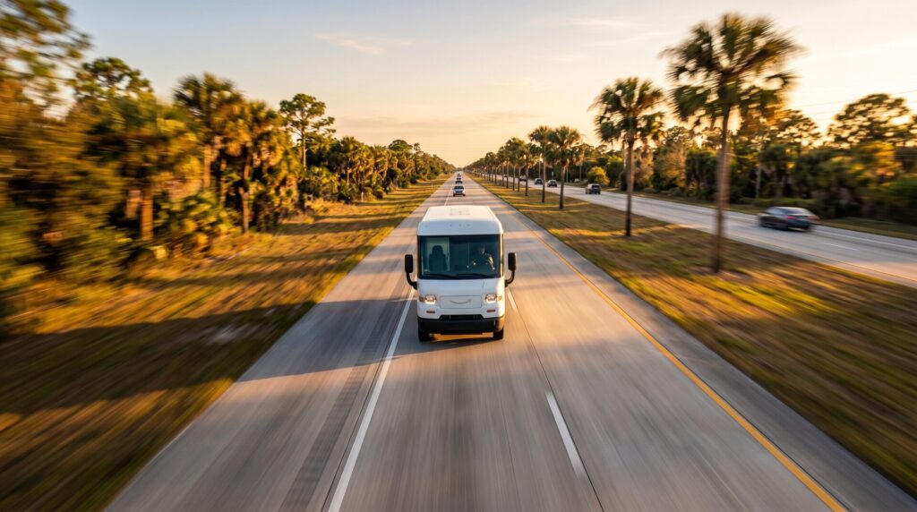 White Amazon-style delivery van traveling on a Florida highway lined with palm trees during golden hour — commercial delivery vehicles are subject to Florida's dangerous instrumentality doctrine making owners vicariously liable for driver negligence
