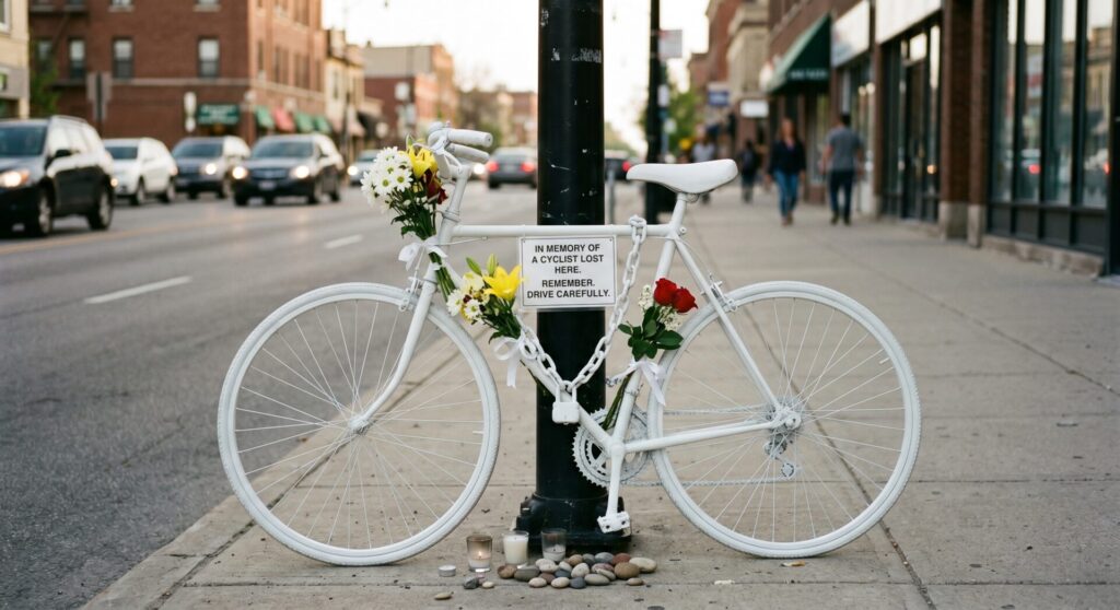 Ghost bike memorial with white bicycle and "In Memory of a Cyclist Lost Here — Remember. Drive Carefully" sign chained to a light pole on a city street, symbolizing the cyclist deaths that led to Florida's Aaron Cohen Life Protection Act