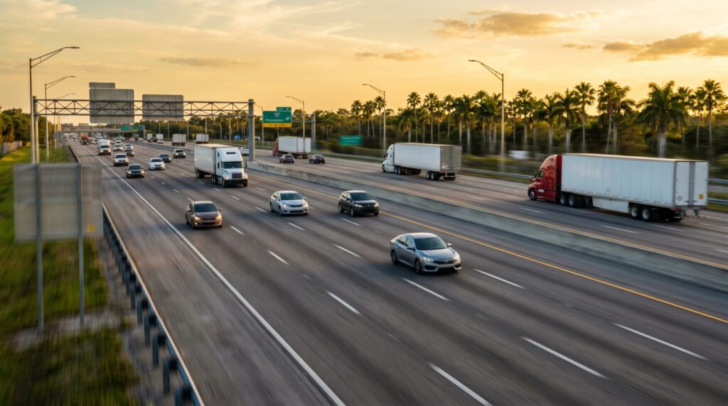 Multiple vehicles including cars and semi-trucks traveling on a Florida interstate highway during golden hour — multi-vehicle households can stack Florida UM coverage under Fla. Stat. § 627.727 to multiply their per-vehicle limits