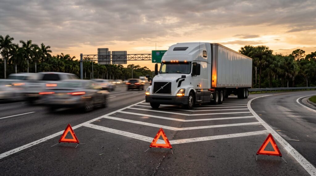 Disabled white semi-truck stopped on the painted gore area of a Florida interstate highway at sunset with three reflective warning triangles deployed in the foreground at FMCSA-required distances and passing traffic motion-blurred in adjacent lanes