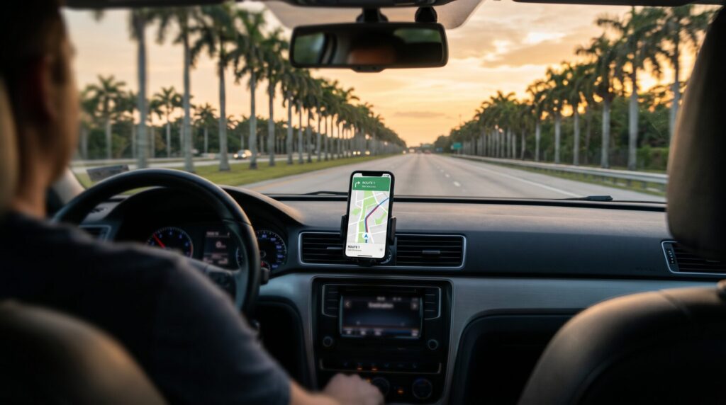 View from inside a Florida rideshare vehicle driving on a palm-lined arterial road at golden hour, smartphone mounted on dashboard displaying navigation — the kind of in-drive app interaction central to Florida § 627.748 TNC corporate liability analysis