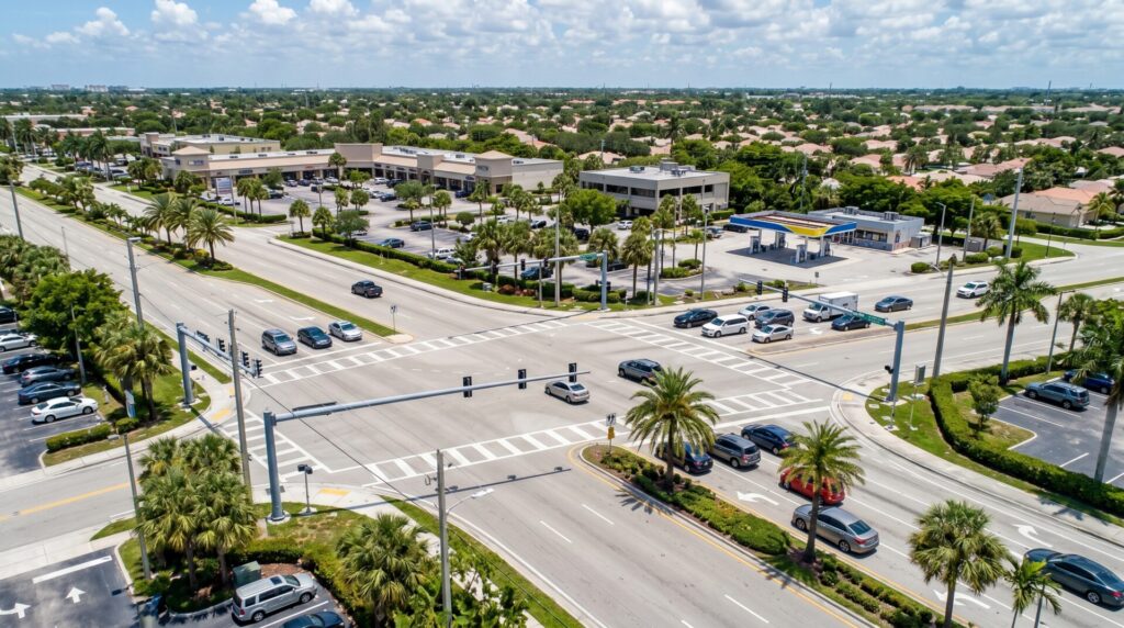 Aerial view of a Palm Beach County multi-lane arterial intersection at midday with vehicles queued at red lights, palm-lined median, and suburban commercial buildings — typical of the South Florida corridor where Lantana's Dixie Highway runs.