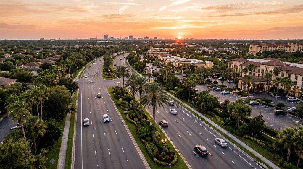 Aerial view of a wide multi-lane Central Florida arterial road in suburban Orlando at golden hour sunset, palm-lined median with tourist district hotels visible.