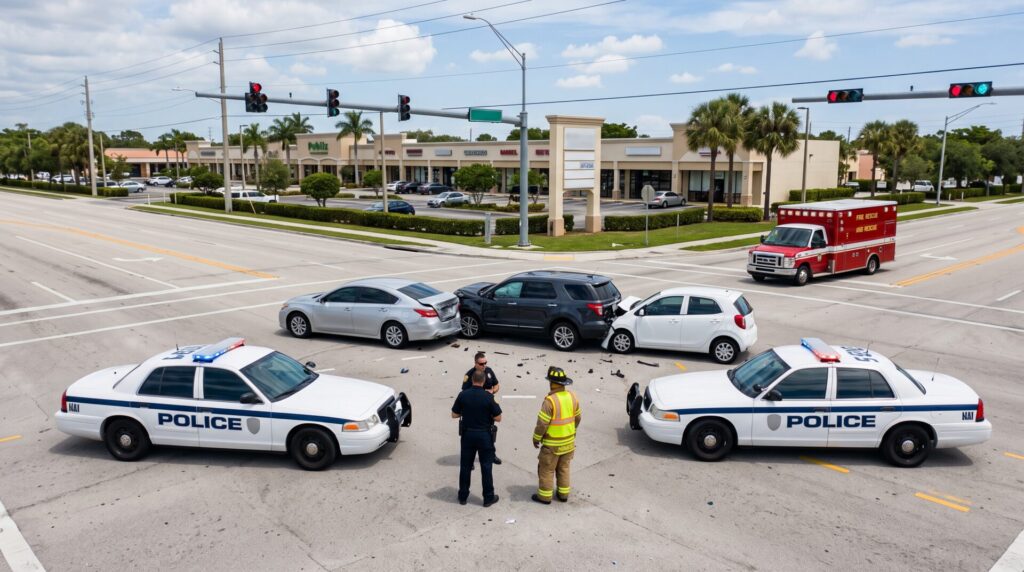 Aerial view of a three-car chain-reaction crash at a South Florida intersection with police cruisers and fire rescue on scene