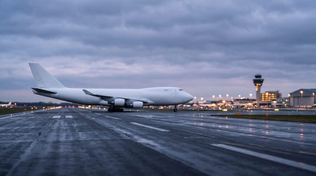 White cargo airplane on a wet runway at dusk with an airport control tower and lights in the background